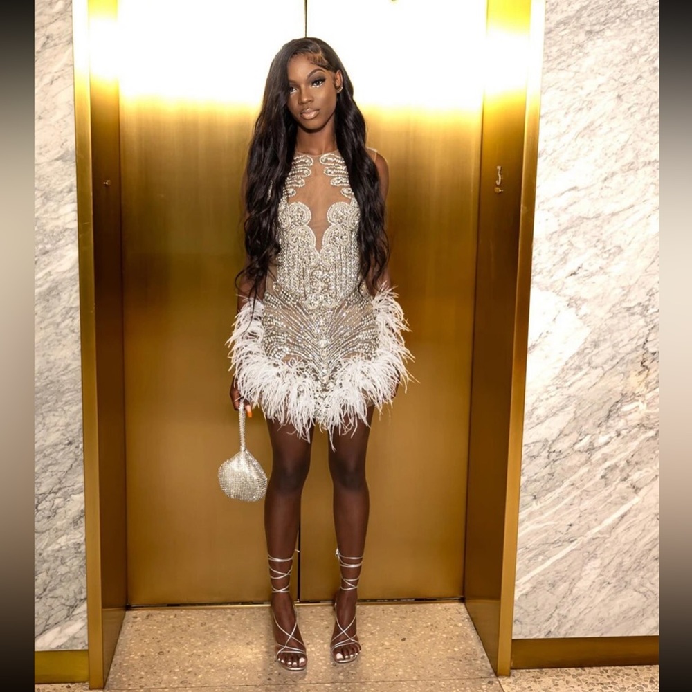 Custom Silver Crystals See Through Feather Dress